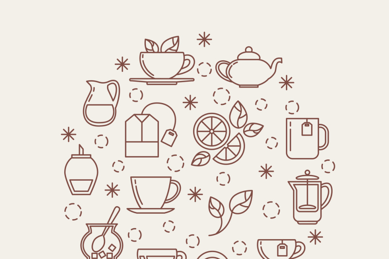 tea-thin-line-vector-icons-set-in-a-circle