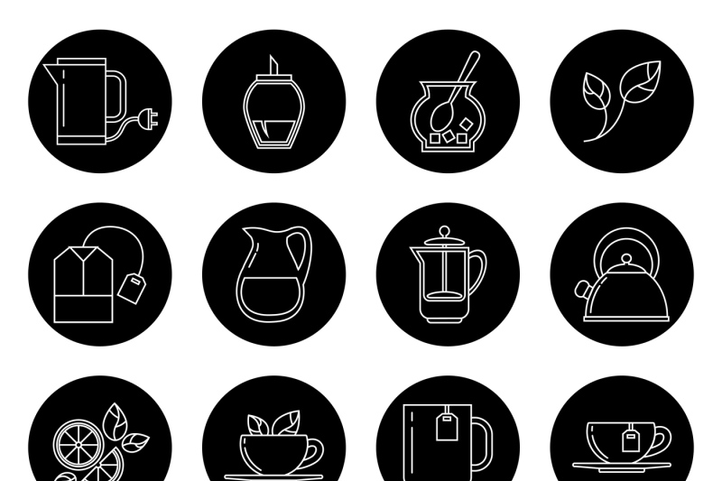 tea-thin-line-vector-icons-set-in-black-and-white