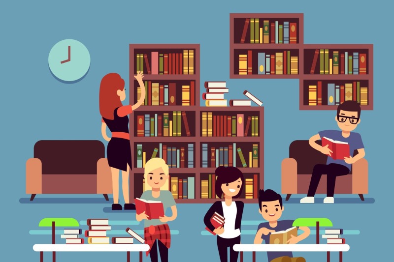 studying-students-in-library-interior-with-books-and-bookshelves-vecto