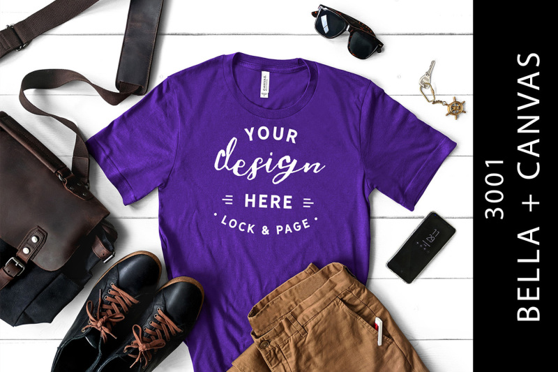 Free Masculine Bella Canvas 3001 T-Shirt Mockup Team Purple (PSD Mockups)