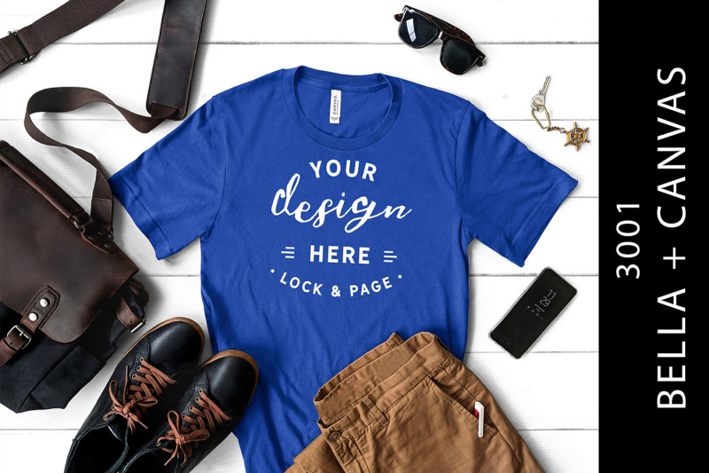 Free Men's True Royal Bella Canvas 3001 Mockup T-Shirt Flat Lay (PSD Mockups)