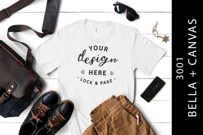 Free Men's White Bella Canvas 3001 Mockup TShirt Fashion Flat Lay (PSD Mockups)