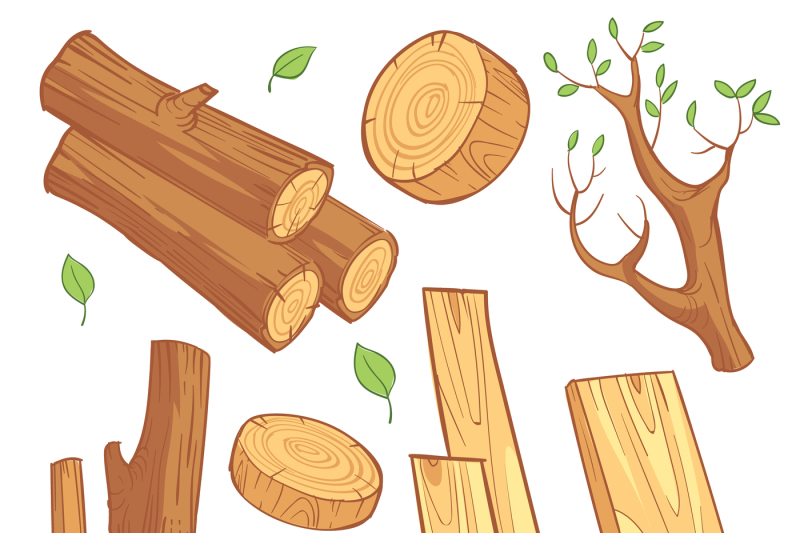 cartoon-wooden-materials-lumber-firewood-wood-stump-vector-set