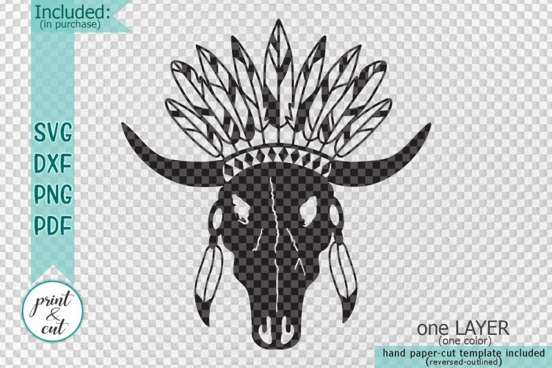 bull-cow-skull-with-feathers-boho-style-cutting-template