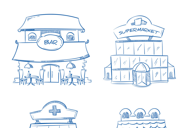 doodle-building-facade-of-shop-bar-cafe-mall-pharmacy-hand-drawn