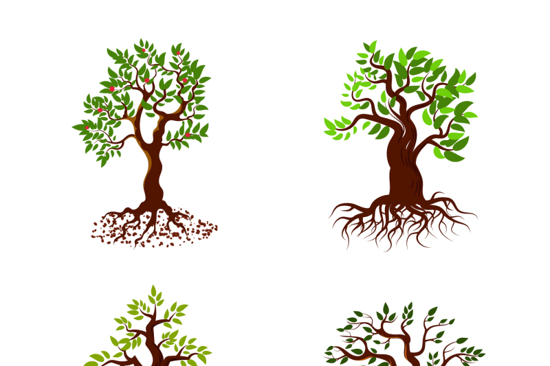 trees-with-green-leaves-and-roots-vector-tree-planting-collection
