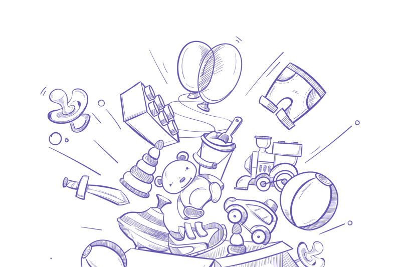 doodle-shopping-box-with-lot-of-childrens-toy-and-purchases-hand-draw