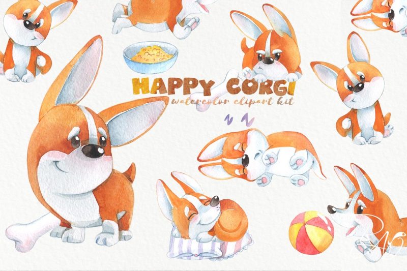 cute-watercolor-corgi-puppy-clipart-funny-dog-clip-art-kids-diy-kit