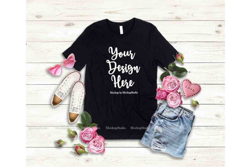 Black Valentine's Day Women T-Shirt Mock Up Flat Lay Display By ...