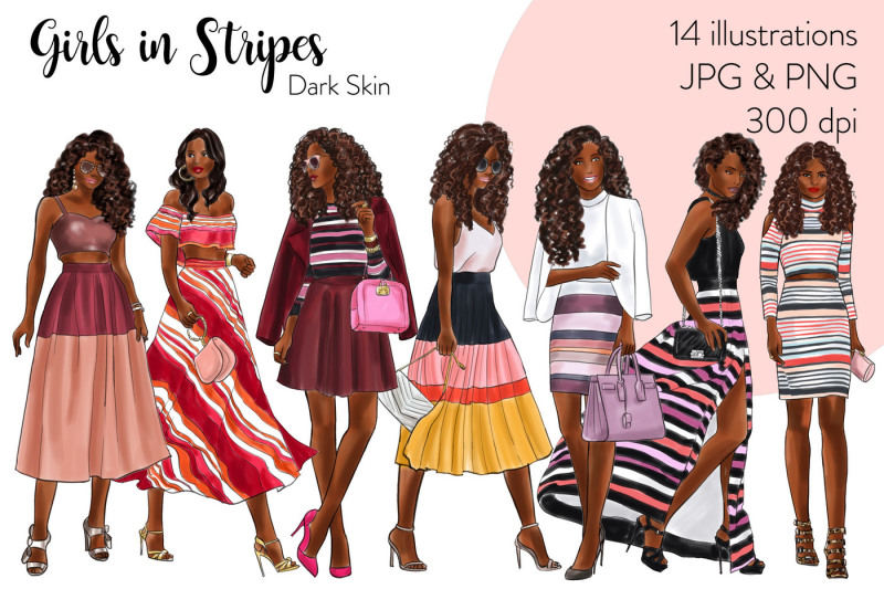 watercolor-fashion-clipart-girls-in-stripes-dark-skin