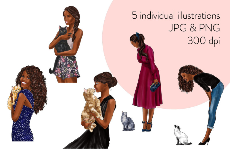 watercolor-fashion-clipart-girls-with-cats-dark-skin