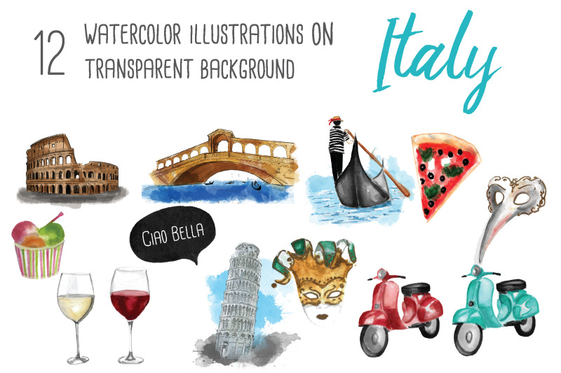 italy-watercolor-illustration-set