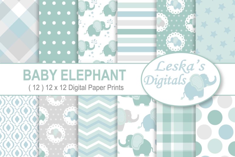 baby-elephant-digital-paper-patterns-green