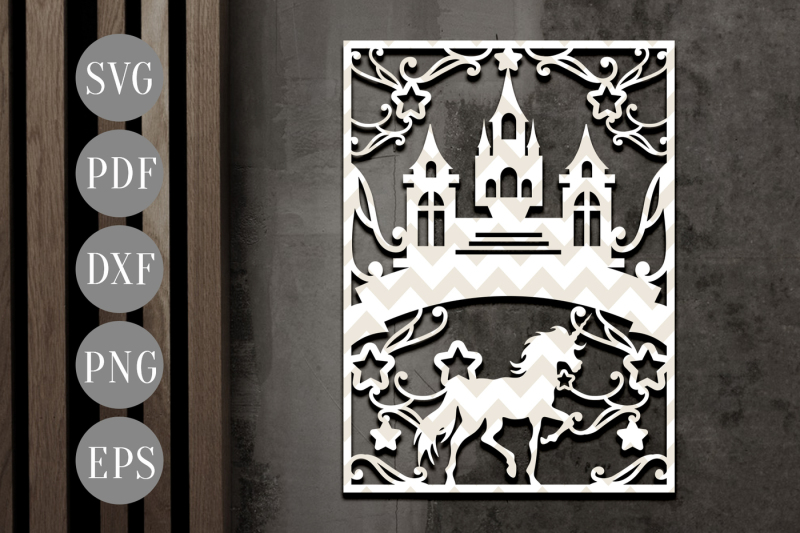 unicorn-papercut-template-fantasy-castle-clipart-svg-dxf-pdf