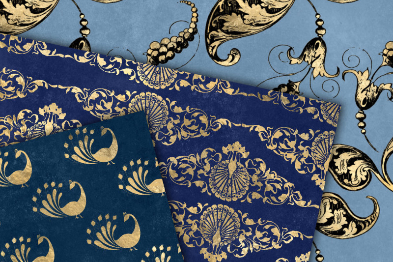 blue-and-gold-peacock-digital-paper