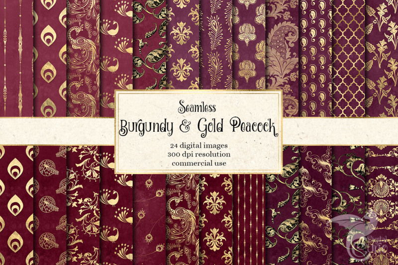 burgundy-and-gold-peacock-digital-paper