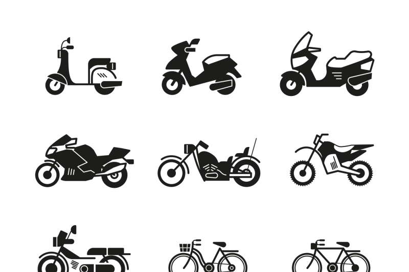 motorcycle-motorbike-scooter-chopper-and-bicycle-vector-silhouette