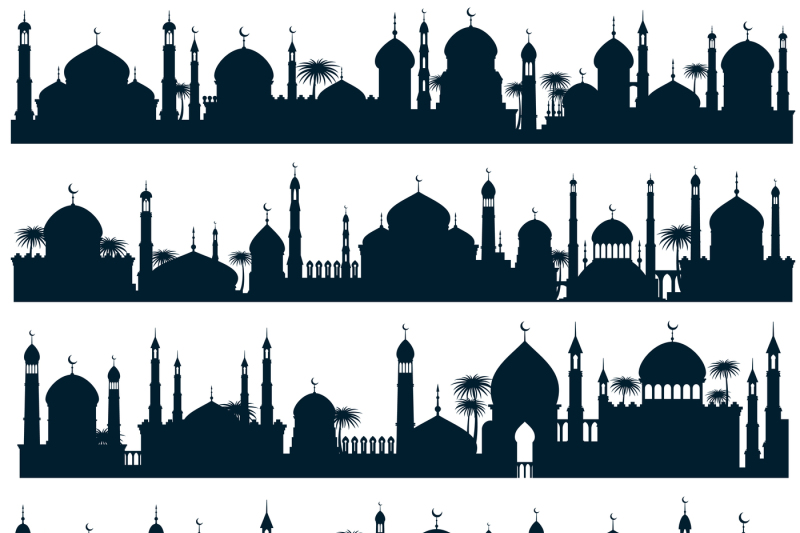 islamic-city-skylines-with-mosque-and-minaret-vector-silhouettes-arabi