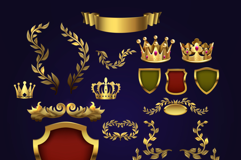 golden-vector-heraldic-elements-kings-crowns-laurel-wreath-and-royal