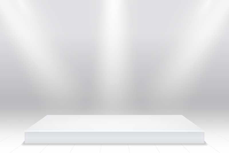 empty-white-podium-for-products-3d-white-stage-in-beams-of-searchligh
