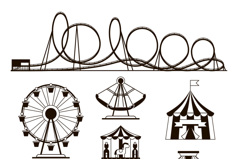 amusement-park-roller-coasters-and-carousel-vector-icons