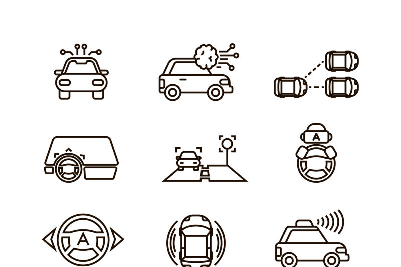 smart-car-and-hands-free-driving-automatic-system-vector-line-icons