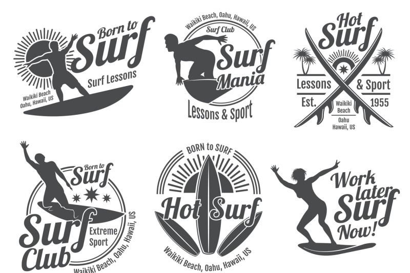 summer-surfing-sports-vector-logos-collection-with-surfer-surf-board