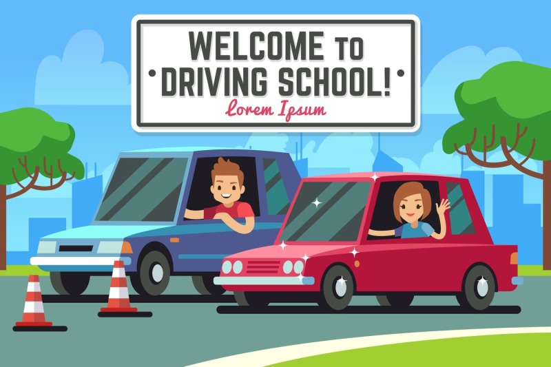 driving-school-vector-background-with-young-happy-driver-in-cars-on-ro