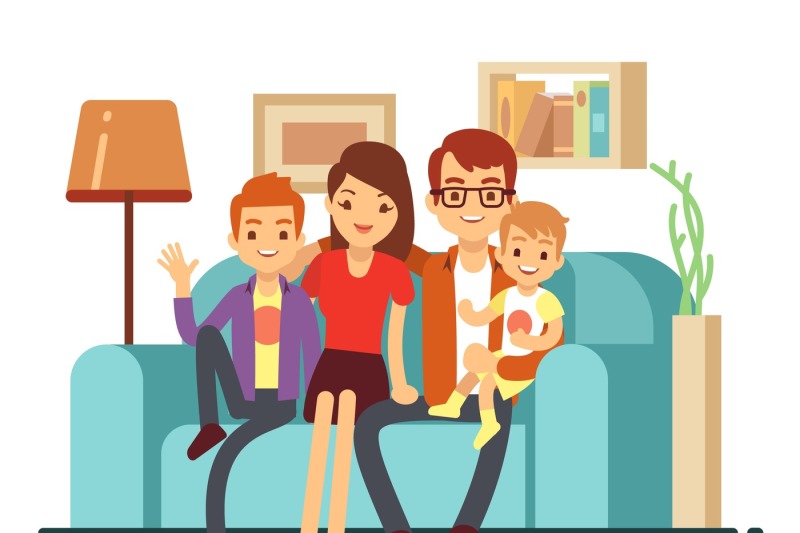 smiling-young-happy-family-on-sofa-man-woman-and-their-children-in-l