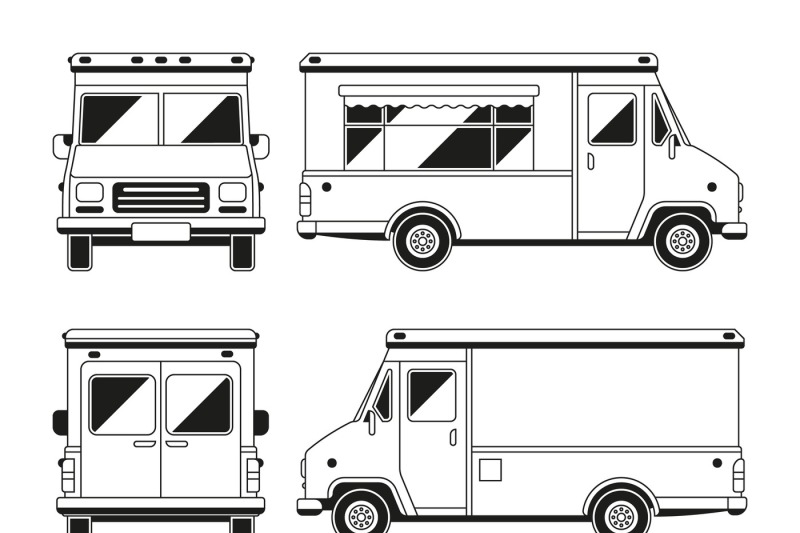 blank-commercial-food-truck-in-different-points-of-view-outline-vecto
