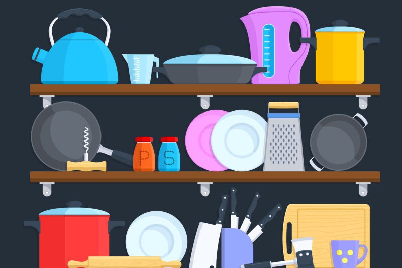 kitchen-shelves-with-cookware-and-cooking-equipment-flat-vector-concep