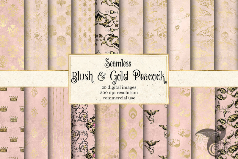 blush-and-gold-peacock-digital-paper