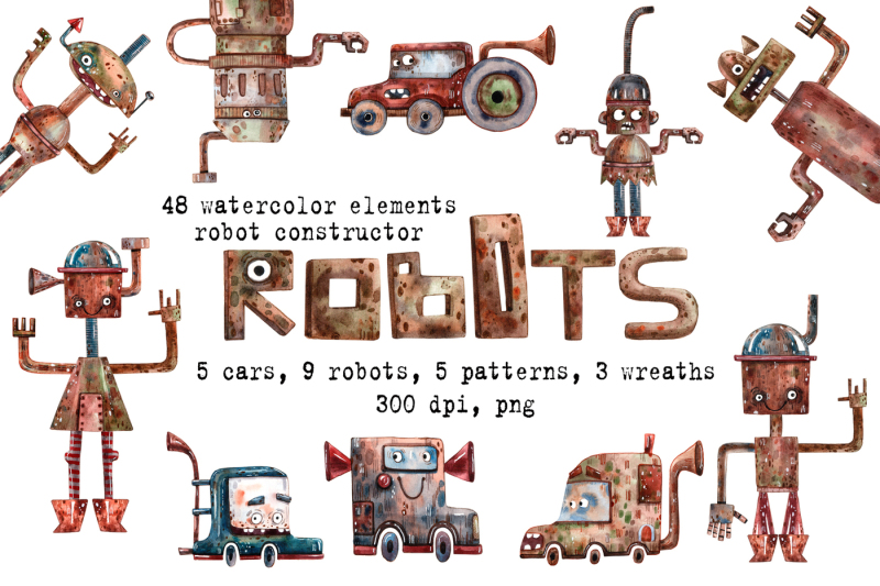 robots-watercolor-clip-art-set