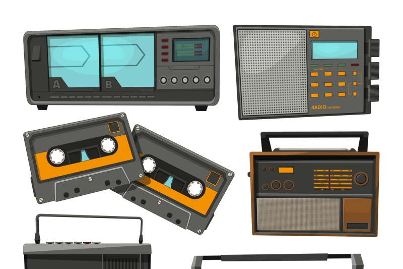 cartoon-illustrations-of-old-music-cassette-recorders-players-and-rad