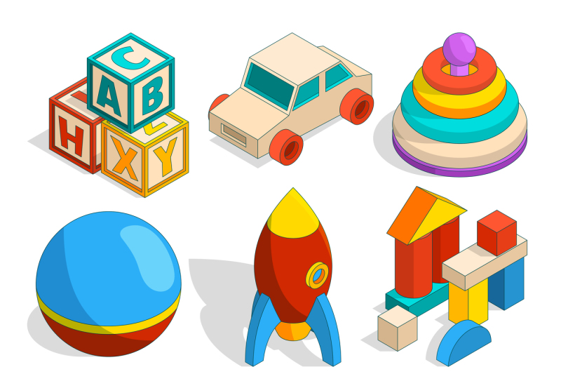 isometric-illustrations-of-various-childrens-toys