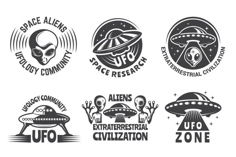 monochrome-labels-or-badges-with-pictures-of-aliens-ufo-and-space