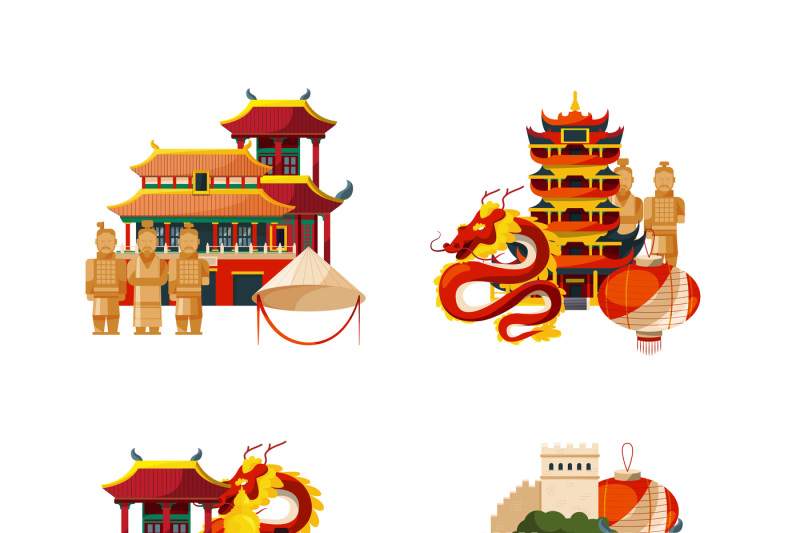 vector-set-of-flat-style-china-elements-and-sights-piles-illustration