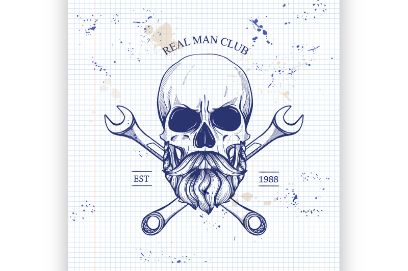 sketch-of-biker-rider-skull-on-notebook-page-background-vector-illust