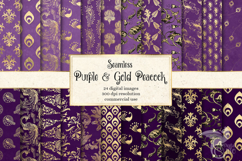 purple-and-gold-peacock-digital-paper