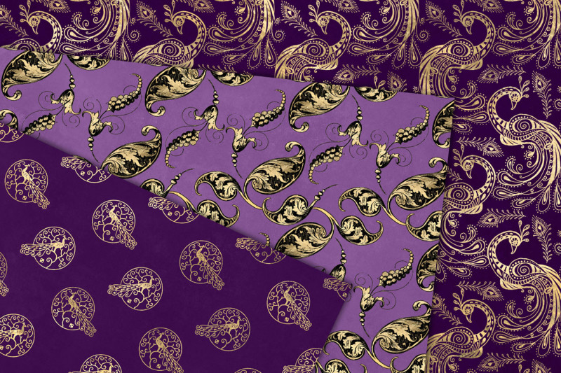 purple-and-gold-peacock-digital-paper