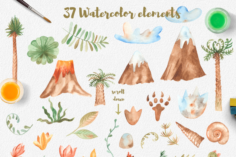 dinosaurs-plants-palm-trees-shells-mountains-watercolor-clipart