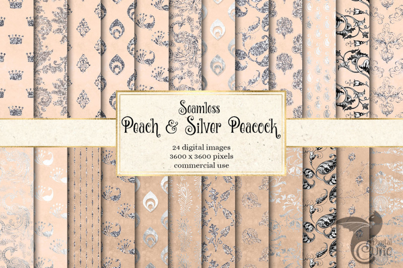 peach-and-silver-peacock-digital-paper
