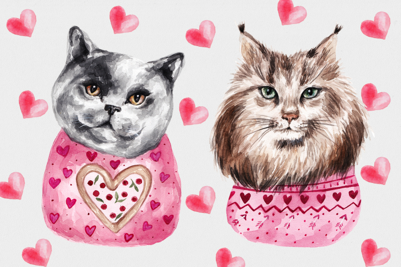 watercolor-cats-in-valentine-039-s-hats