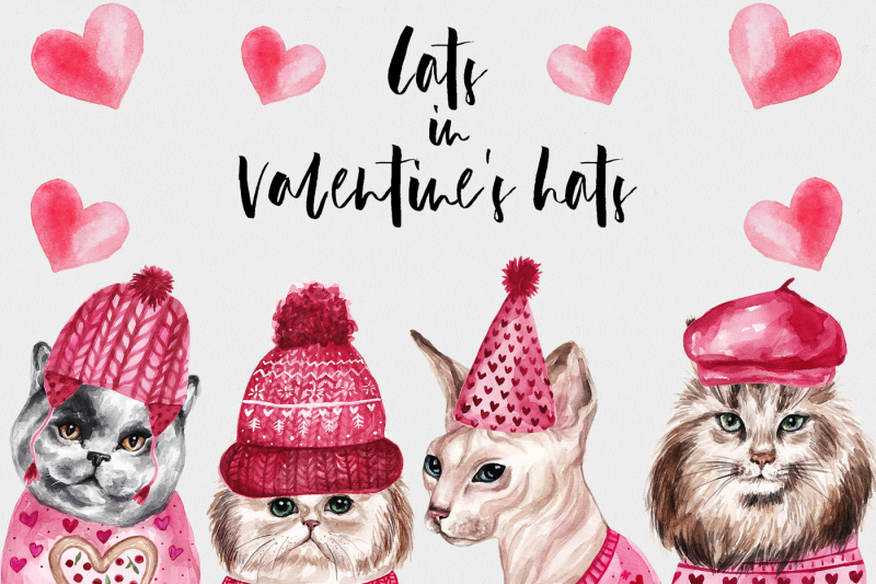 watercolor-cats-in-valentine-039-s-hats