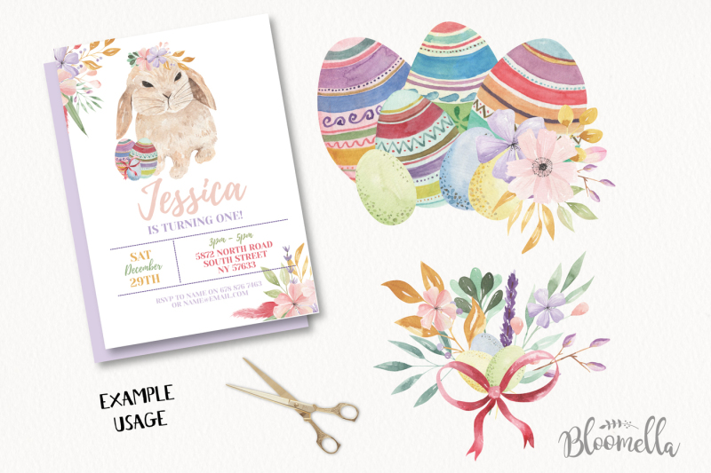 easter-eggs-watercolor-floral-flowers-ribbons-rabbits-bunny-flowers