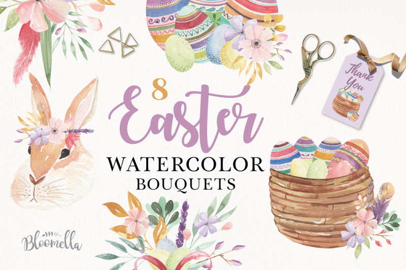 easter-eggs-watercolor-floral-flowers-ribbons-rabbits-bunny-flowers