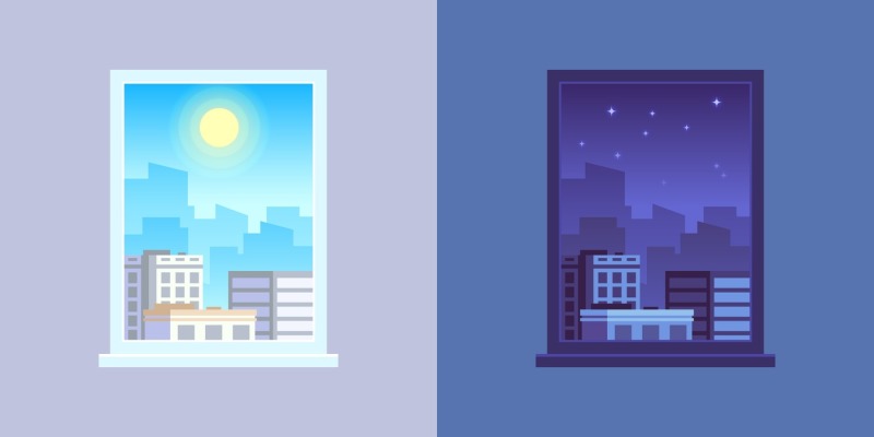 window-view-day-and-night-cartoon-vector-concept