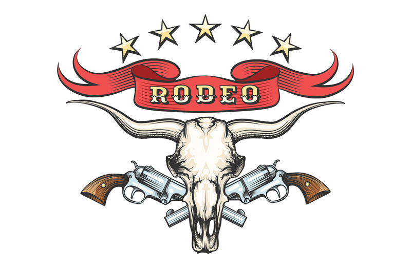rodeo-emblem-with-bull-skull-and-revolvers