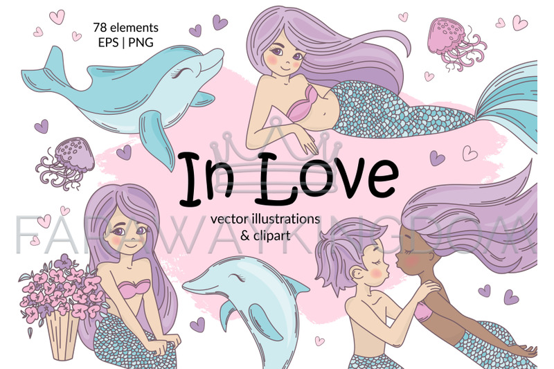 mermaid-in-love-tropical-travel-summer-vector-illustration-set