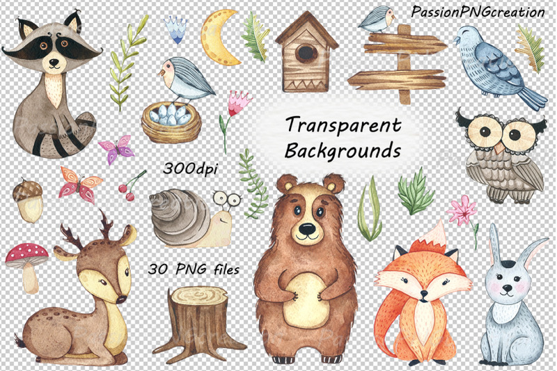 Watercolor woodland Animals ClipArt By PassionPNGcreation | TheHungryJPEG